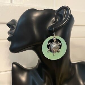 2/$29 Handmade Turtle & Wood Hoop Statement Earrings 2” Ocean Beach Mermaid
